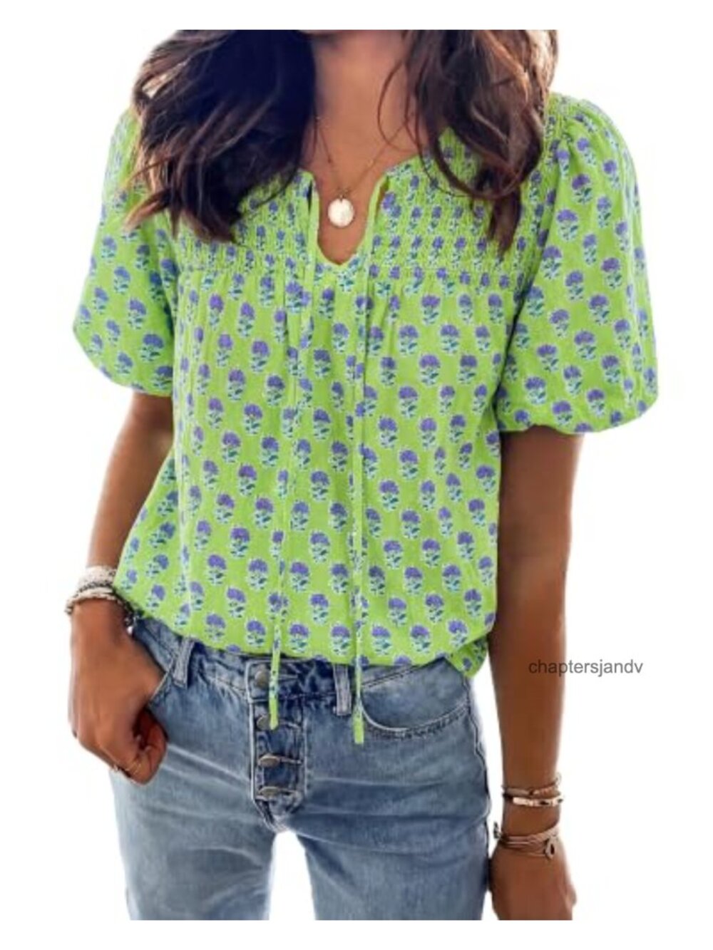 Boho Floral Puff Short Sleeve V-Neck Blouse Women Summer Top